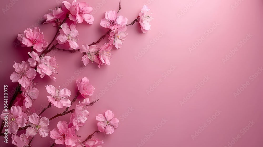 Wall mural  A cherry branch with pink blossoms against a pink backdrop Insert text or image here - Wall murals