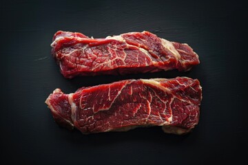 Two raw pieces of meat sit on a black surface