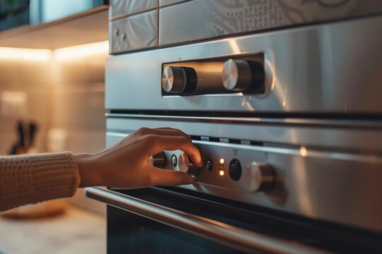 A close-up of a woman's hand pressing the knobs on a stainless steel oven, a common domestic scene