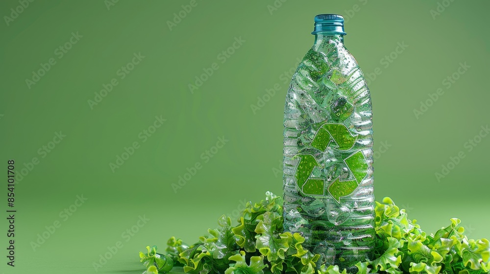 Sticker  A bottle of water with a recyclable label sits atop a pile of leaves