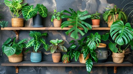  A wooden shelf holds numerous potted plants against a gray wall