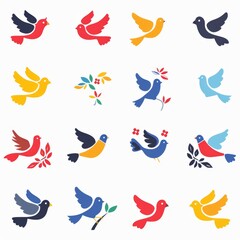 Obraz premium Peace dove graffiti, pigeons, twigs ink illustration. Flying birds silhouettes monochrome flat icons