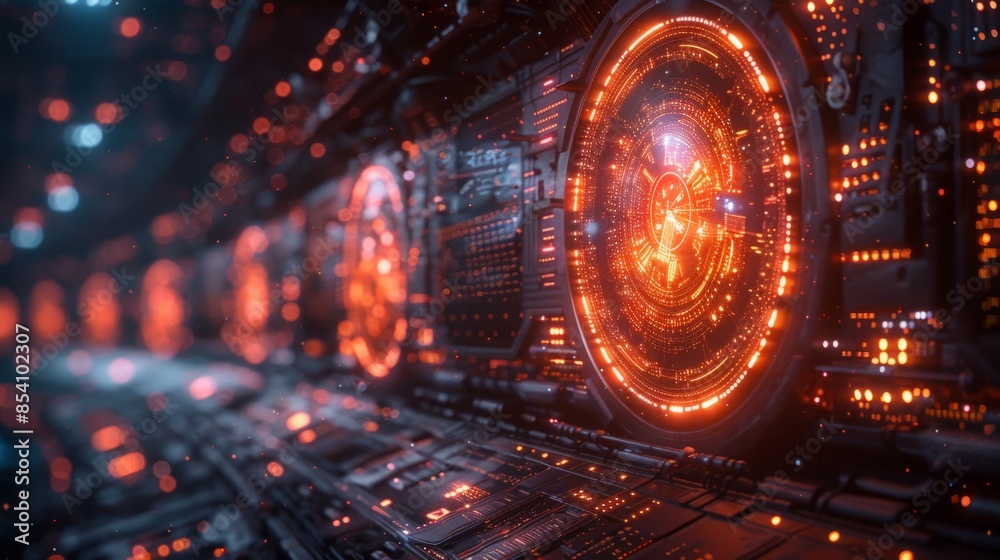 Aufkleber A close-up view of a glowing red circle interface in a futuristic dark setting.