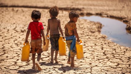 Children carrying water through cracked dry land in drought-stricken area
