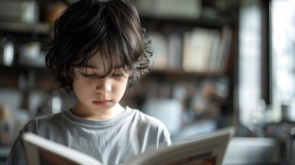 A young boy is reading a book in a kitchen. The boy is looking at the book with a serious expression on his face. The kitchen is filled with various items such as a sink, a refrigerator, and a cup