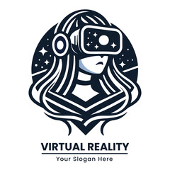  Woman with long hair wearing a VR headset, set against a sleek, dark background