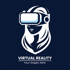 Woman with long hair and VR headset, set against a dark blue background