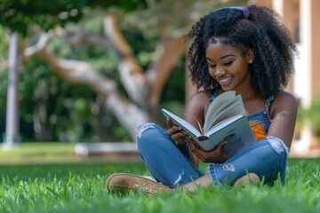 Young Black woman sitting on grass reading a book, smiling in a sunny park setting.