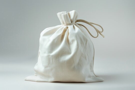 A white bag with a string tied around it, awaiting delivery or pickup