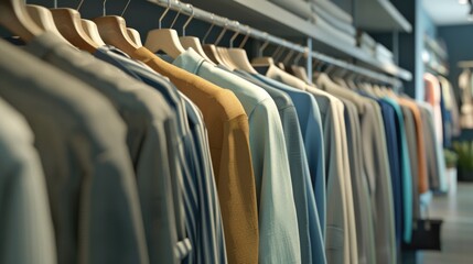 Obraz premium Shirts hanging on a rack, various colors and styles