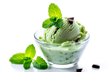 A refreshing scoop of mint chocolate chip ice cream garnished with fresh mint leaves in a clear glass bowl, captured on a white background