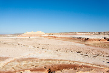 Kyzylkup area landscape, Mangystau desert. Rock strata formations