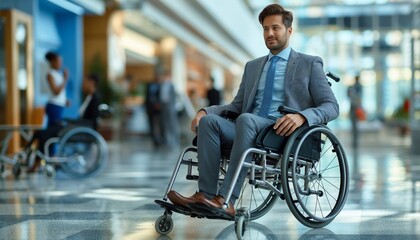 Confident businessman in a wheelchair posing in a modern office building's bright lobby