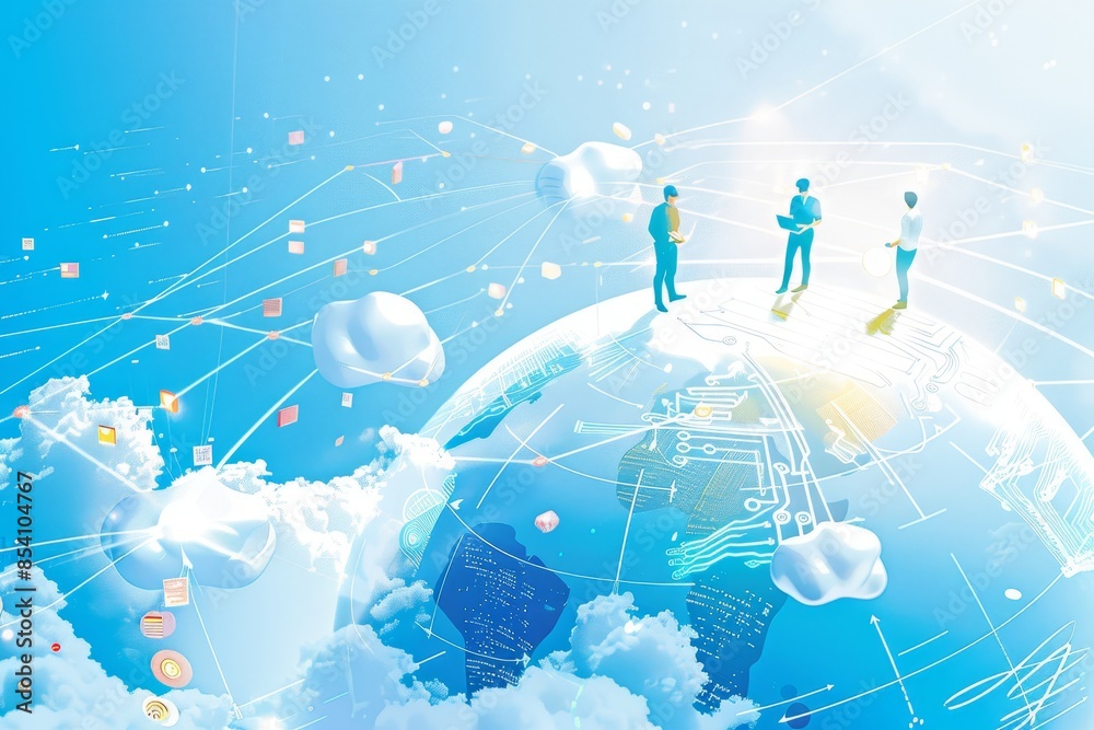 Poster Futuristic global digital network with interconnected data, emphasizing technology, innovation, and communication in cyberspace, Generative AI