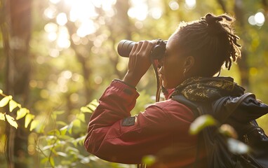Woman looking through binoculars in the forest. Female african american birdwatcher. Birdwatching, zoology, ecology. Ornithology, research in nature, observation of birds. Adventure and exploration 