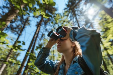 Young woman looking through binoculars in the forest. Birdwatching, zoology, ecology. Ornithology, research in nature, observation of birds. Adventure and exploration concept