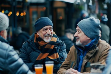 Obraz premium Two elderly men laughing and enjoying each other's company over beer at an outdoor seating area