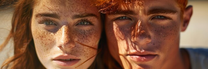 In a close-up shot, a freckled girl and a guy share a moment, their expressions and freckles vividly detailed, reflecting their bond and individuality, banner
