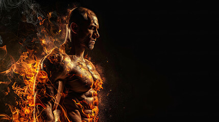 Bodybuilder man on fire isolated on black background