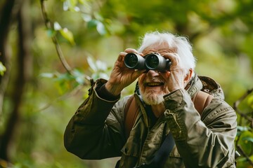 Elderly man observing with binoculars in the forest. Birdwatching, zoology, ecology. Ornithology, research in nature, observation of birds. Adventure and exploration concept