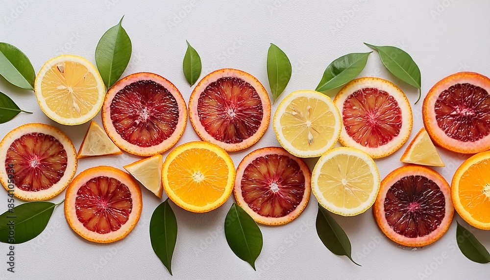 Wall mural juicy slices of lemons blood oranges and leaves on a light isolated background flat lay of summer re