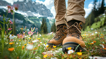 Hiker wearing sturdy boots pauses to admire wildflowers 
