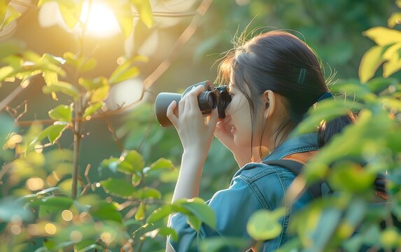 Young asian woman looking through binoculars in the forest. Birdwatching, zoology, ecology. Ornithology, research in nature, observation of birds. Adventure and exploration concept