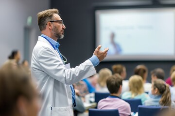 Doctor giving lecture during medical conference in meet, Doctor's Insightful Lecture at the Medical Conference, Advancing Healthcare Knowledge, Enhancing Medical Expertise, Doctor's Keynote Speech at 