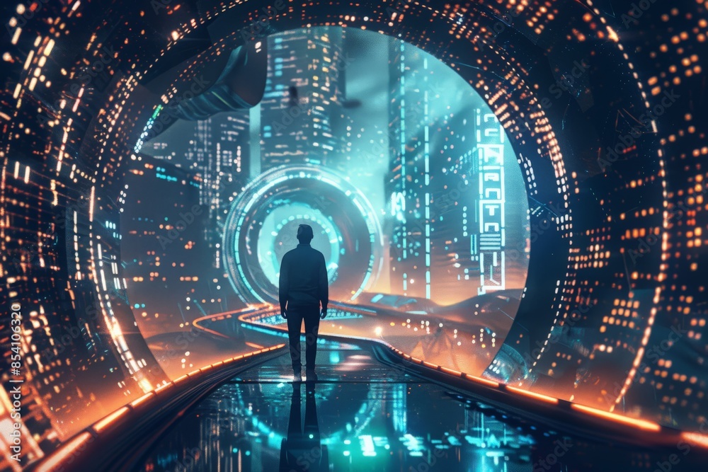 Aufkleber a person walking through a sci-fi tunnel illuminated with orange light, reflecting a theme of explor