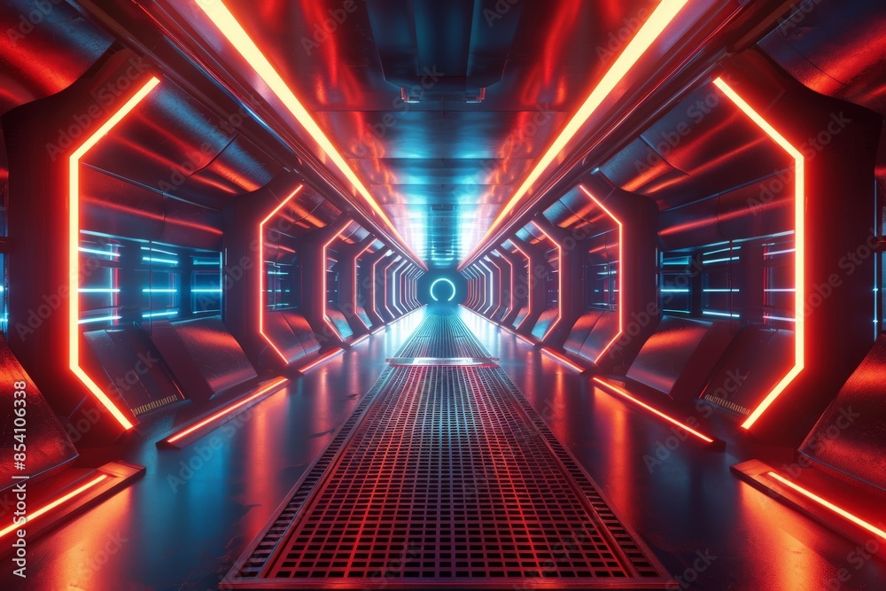 Aufkleber a sci-fi tunnel with red neon lighting creating an intriguing and futuristic space atmosphere