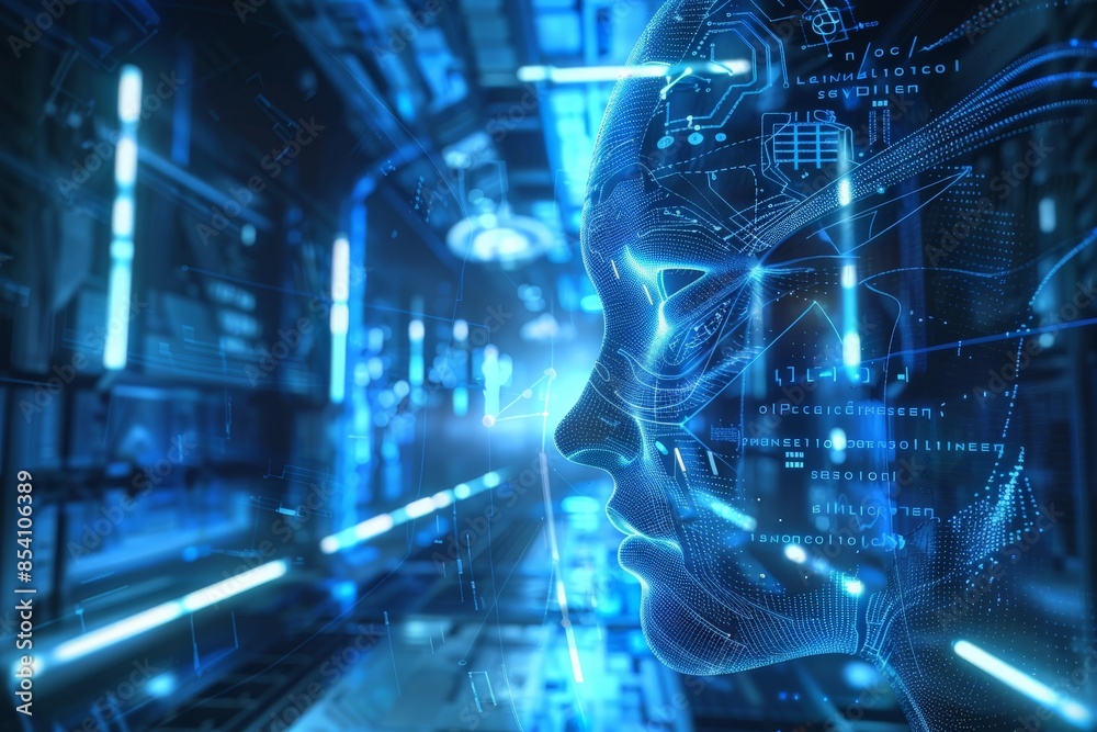 Poster A visually captivating digital representation of a human face overlaid with flowing data and code