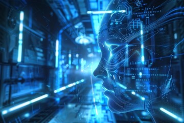 A visually captivating digital representation of a human face overlaid with flowing data and code