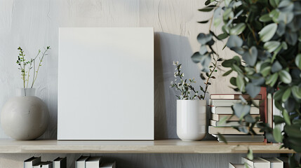 Mockup of black canvas or picture frame for small portrait vertical poster in shelf in white minimalistic interior. With cold day light