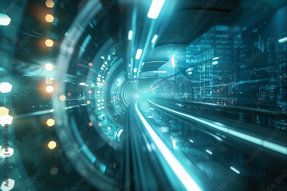 Aufkleber a dynamic image of a high-speed train traveling through a futuristic illuminated tunnel