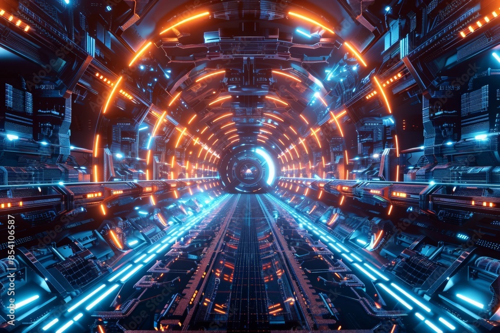 Poster a striking circular tunnel filled with neon lights and futuristic architecture, conveying speed and 