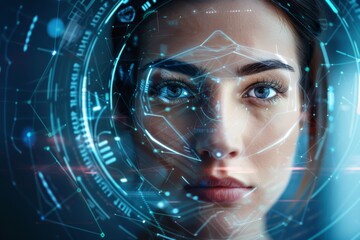 A striking image of a woman with advanced digital facial recognition mapping her features, symbolizing future technology