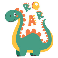 Vector children's illustration. Cute dinosaur and the inscription ROAR. Print for children's products . Vector illustration