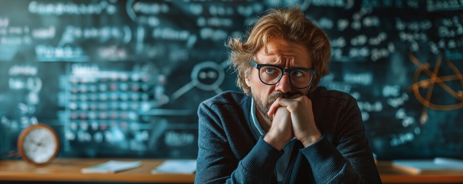 A student conceals their face with a notebook against a backdrop of mathematical formulas
