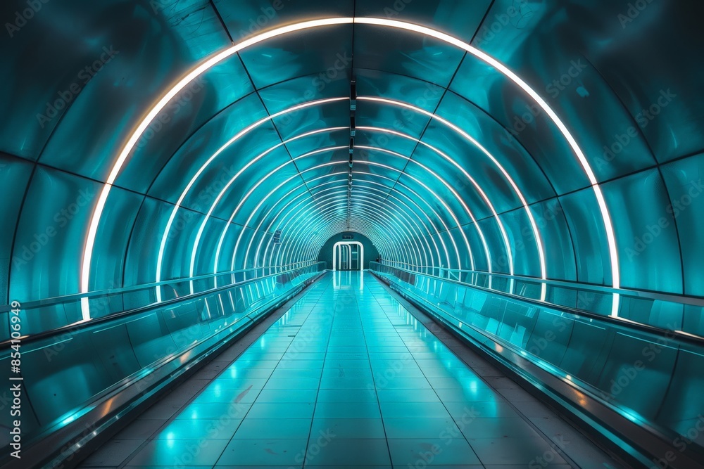 Aufkleber the image features a modern, circular tunnel illuminated with a vibrant blue light, creating a futur