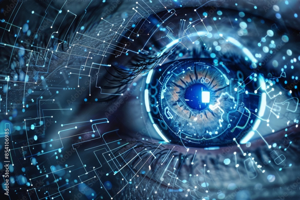 Fototapete close-up of a cybernetic eye superimposed with futuristic circuitry patterns, representing advanced 
