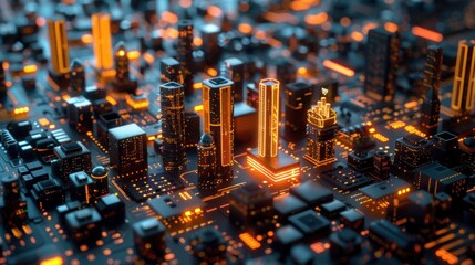Futuristic of a smart city with glowing structures on a digital circuit board. generative AI image