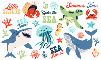 Set of flat vector illustrations on the theme of marine inhabitants. Cute shark crab crayfish hermit jellyfish turtle seahorse sea stars and corals lettering. Vector illustration