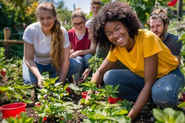 Diverse group of friends volunteering together in a community garden
