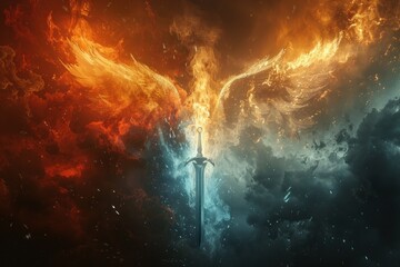 Sword with fire and ice phoenix wings