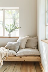 Fototapeta premium Cozy Japandi Style Living Room with Natural Wood Furnishings Generative AI