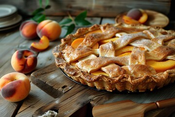Freshly baked peach pie on a wooden table with whole peaches in the background