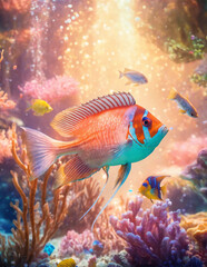 Fototapeta premium Beautiful Aquarium with fishes and seaweed - AI generated