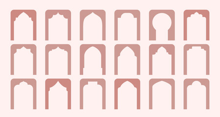 Arabic minimalist window shapes. Moroccan arche, gateway silhouettes. Vector simple beige open arcs for card