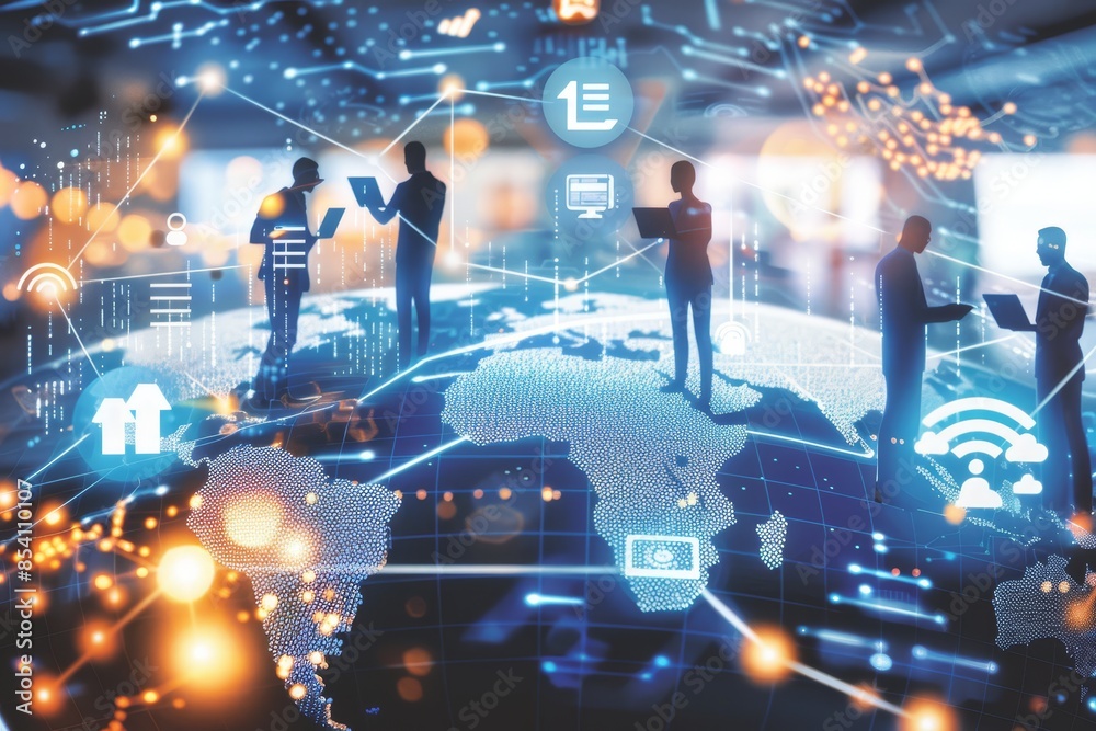 Poster Futuristic global digital network with interconnected data, emphasizing technology, innovation, and communication in cyberspace, Generative AI
