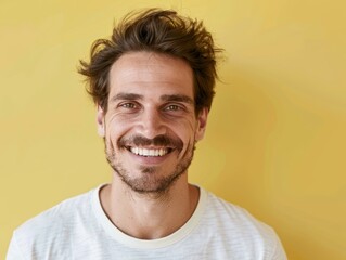Obraz premium Warm Smiling Portrait Against Soft Yellow Background Generative AI